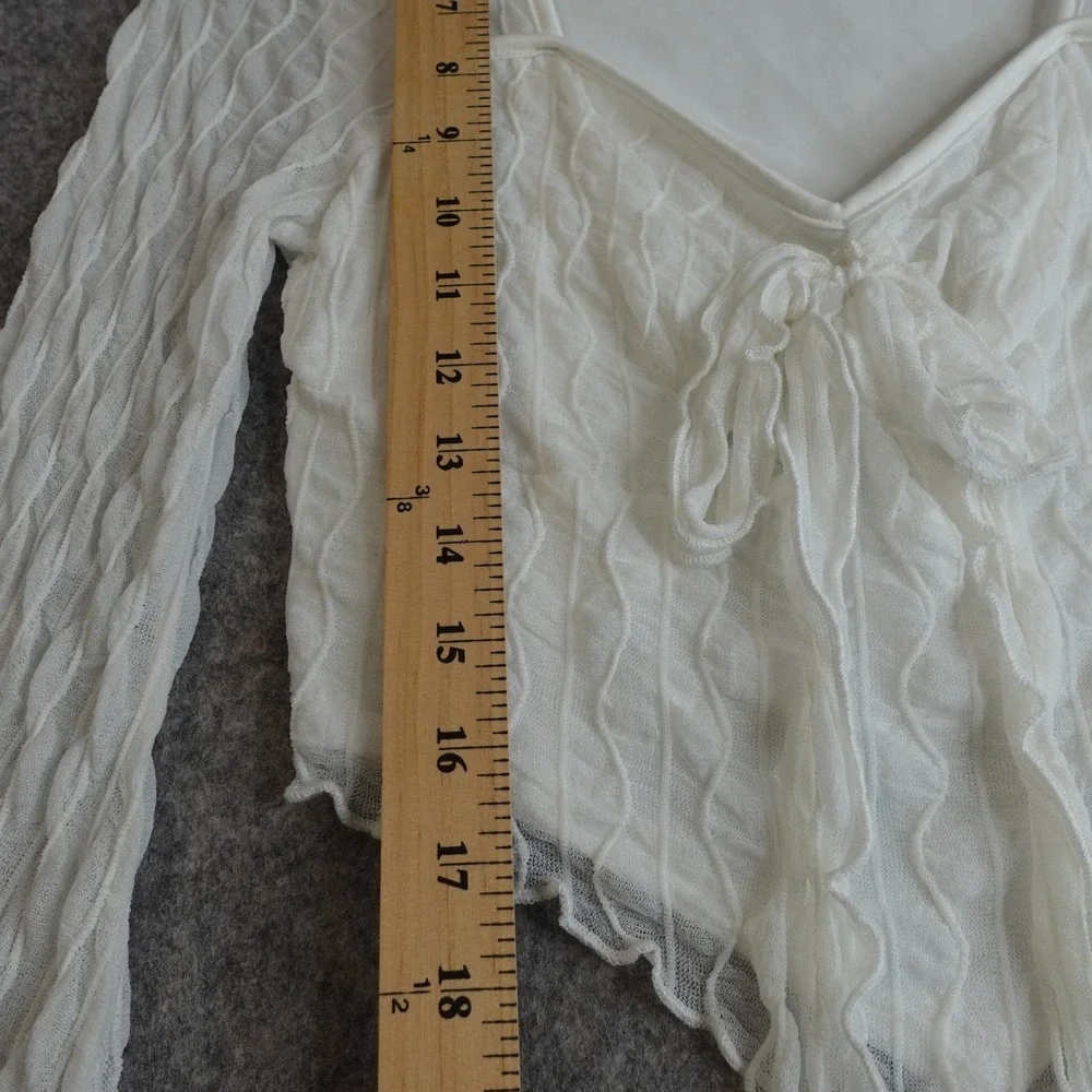 Y2K Ethereal Tie Front Bell Sleeve Crop Top L White Textured Sheer Mesh Fairy